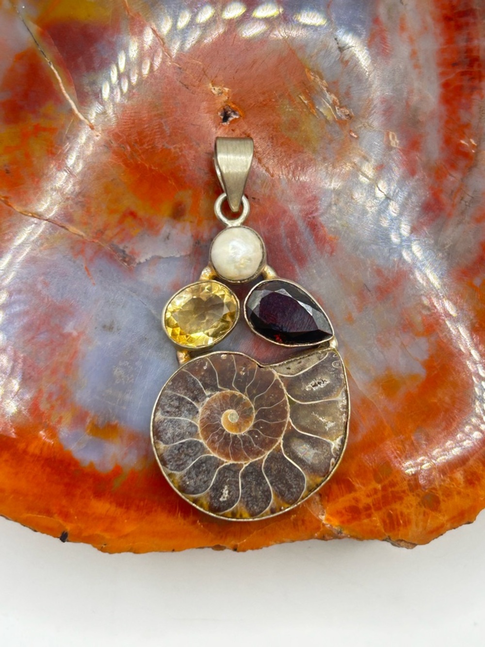Vintage Sterling Silver Gemstone and Ammonite Pendant